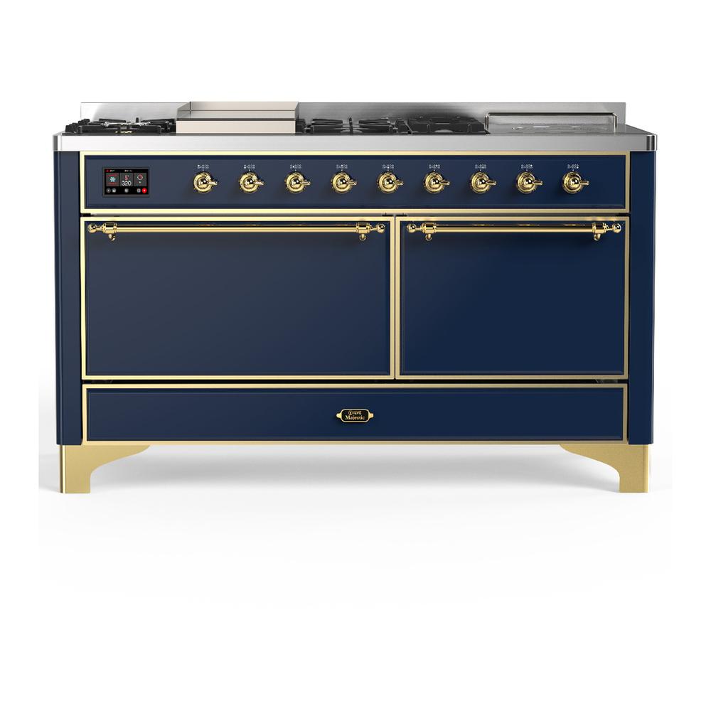 ILVE UM60FSQNR3MBG Majestic III 60 inch Dual Fuel Range with 7 Burners, Griddle and French Top, Dual Function Burner with up to 25,000 BTU (Natural Gas, Solid Door, Midnight Blue, Brass)