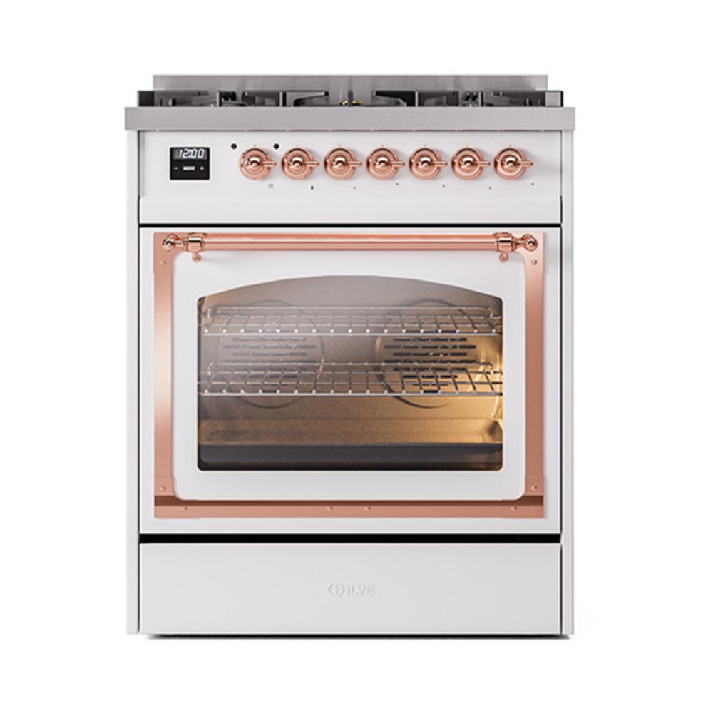 ILVE UN30NMPWHP Nostalgie II Noblesse 30 inch Dual Fuel Range (Natural Gas, Triple Glass Door, White, Copper)