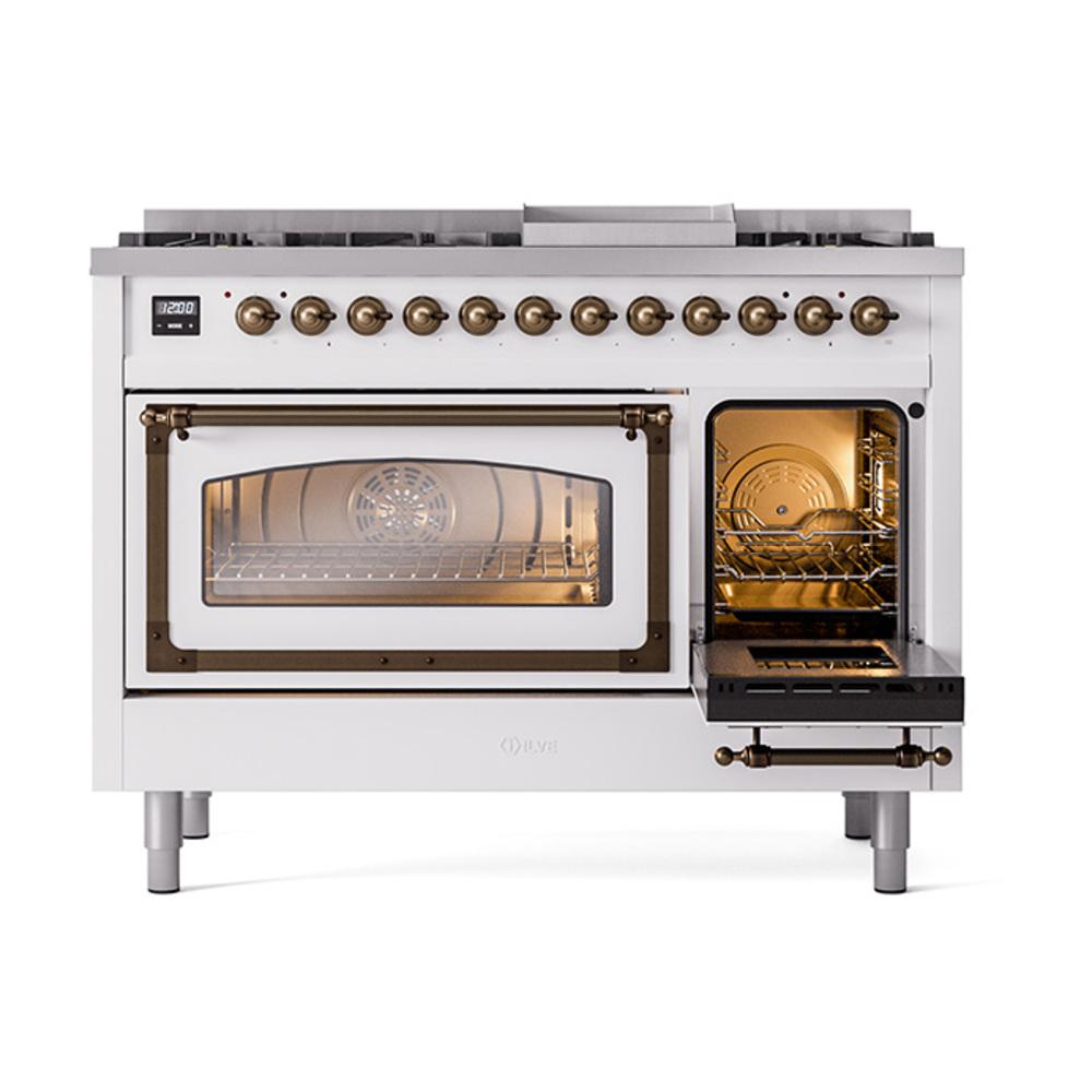 ILVE UN48FNMPWHB Nostalgie II Noblesse 48 inch Dual Fuel Range (8 Sealed Burners + Griddle, Natural Gas, Triple Glass Door, White, Burnished)