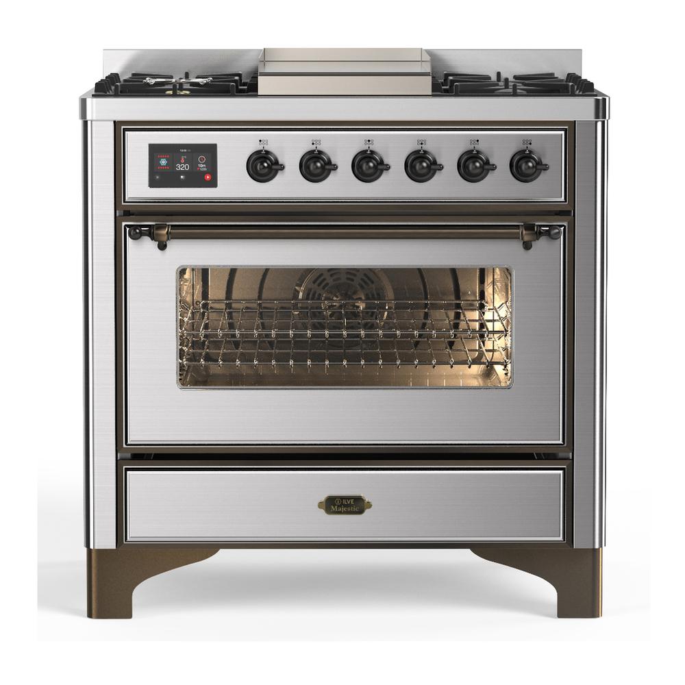 ILVE UM36FNR3SSB Majestic III 36 inch Dual Fuel Range with 6 Black Brass Burners and Griddle, Dual Function Burner up to 25,000 BTU (Triple Glass Door, Stainless Steel, Burnished, Natural Gas)