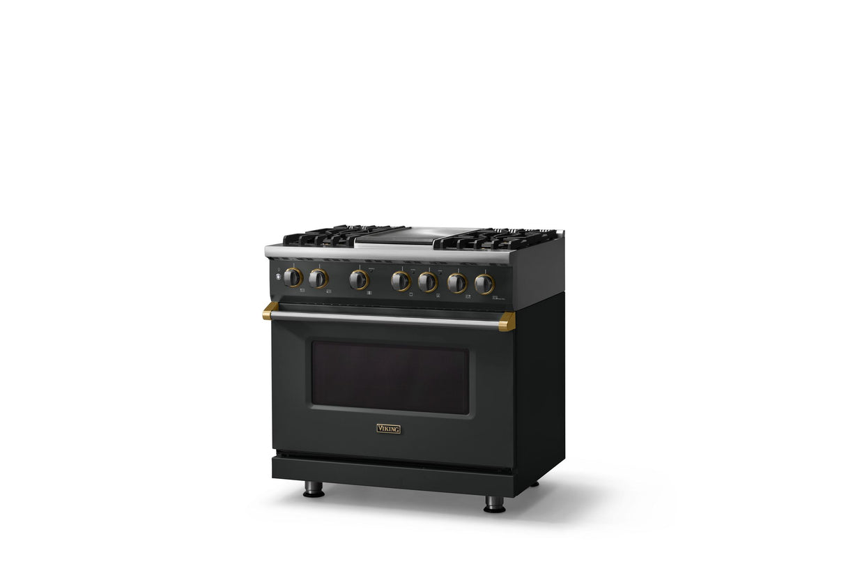 36"W. Dual Fuel Range (Burner: 4g, Finish: Antique Bronze, Trim: Brushed Brass, Fuel: Natural Gas)