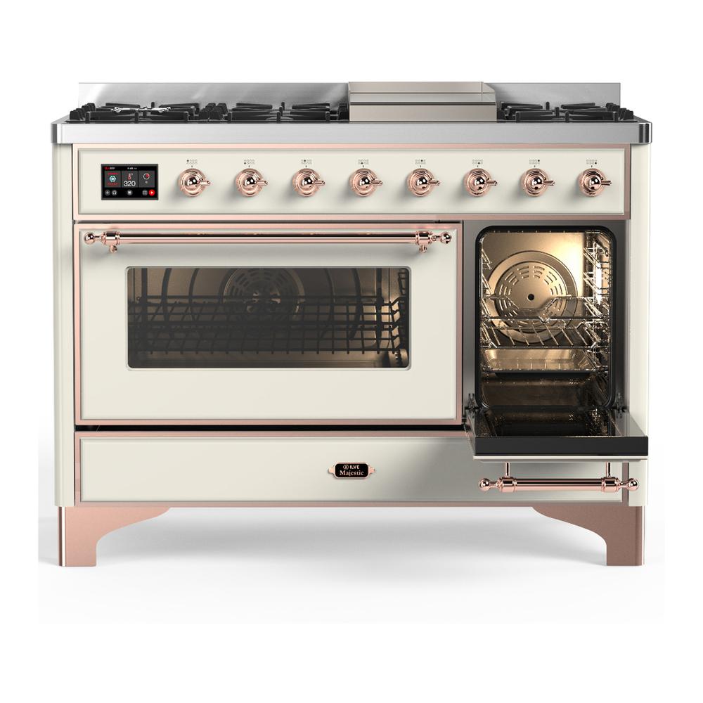 ILVE UM48FNR3AWPLP Majestic III 48 inch Dual Fuel Range with 8 Burners and Griddle, Dual Function Burner up to 25,000 BTU (Liquid Propane, Triple Glass Door, Antique White, Copper)