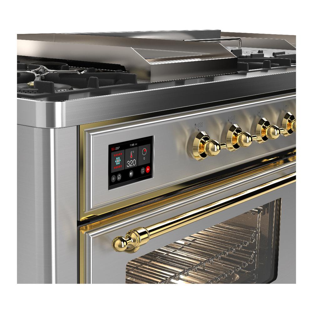 ILVE UM60FSNR3SSGLP Majestic III 60 inch Dual Fuel Range with 7 Burners, Griddle and French Top, Dual Function Burner with up to 25,000 BTU (Liquid Propane, Triple Glass Door, Stainless Steel, Brass)