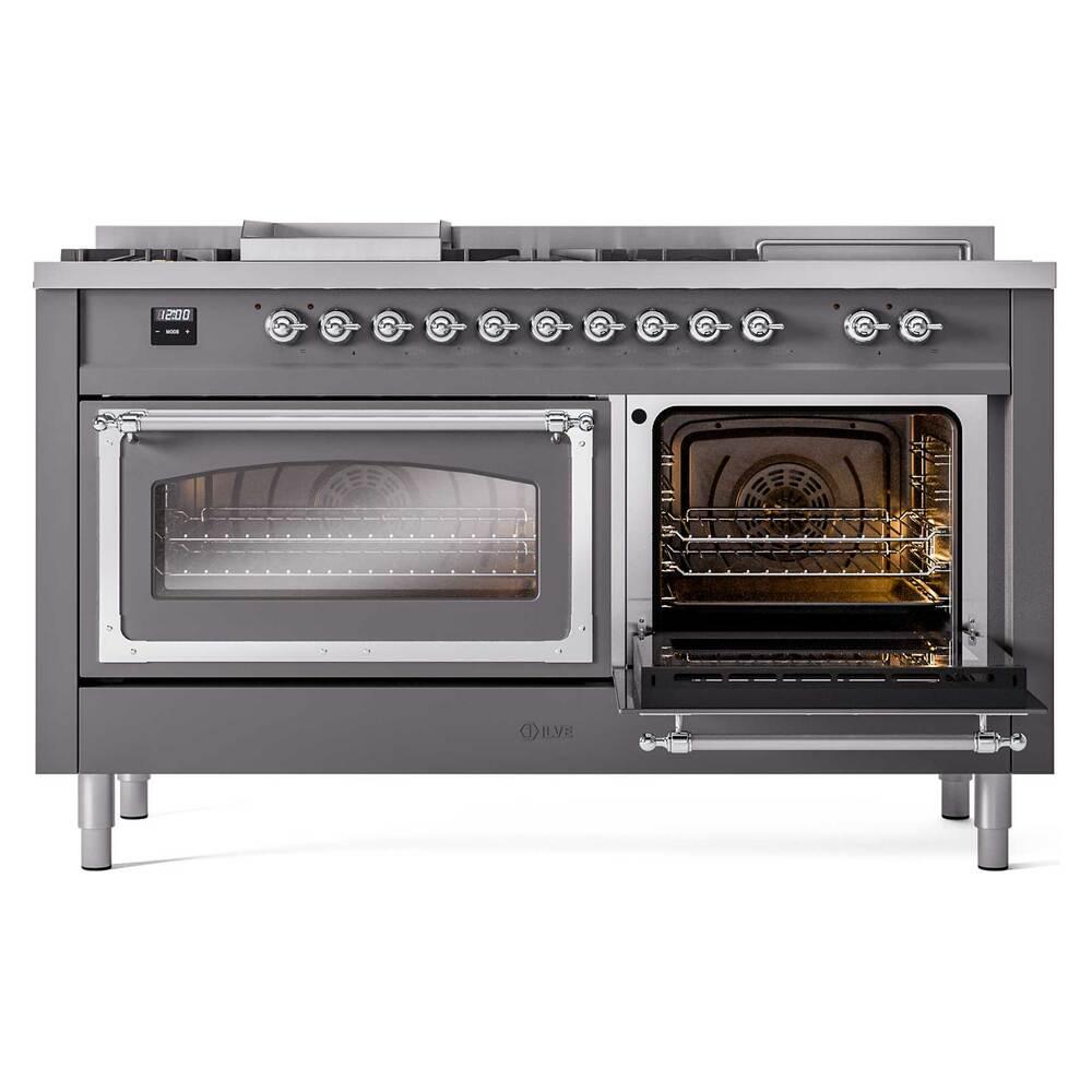 ILVE UN60FSNMPMGCLP Nostalgie II Noblesse 60 inch Dual Fuel Range (7 Sealed Burners + Griddle + French Top, Liquid Propane, Triple Glass Door, Graphite Matte, Chrome)