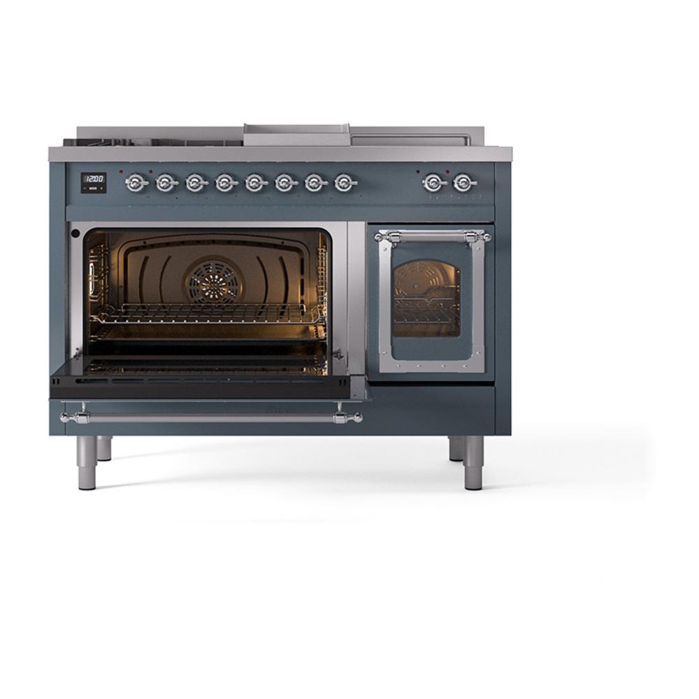 ILVE UN48FSNMPBGCLP Nostalgie II Noblesse 48 inch Dual Fuel Range (5 Sealed Burners + Griddle + French Top, Liquid Propane, Triple Glass Door, Blue Grey, Chrome)