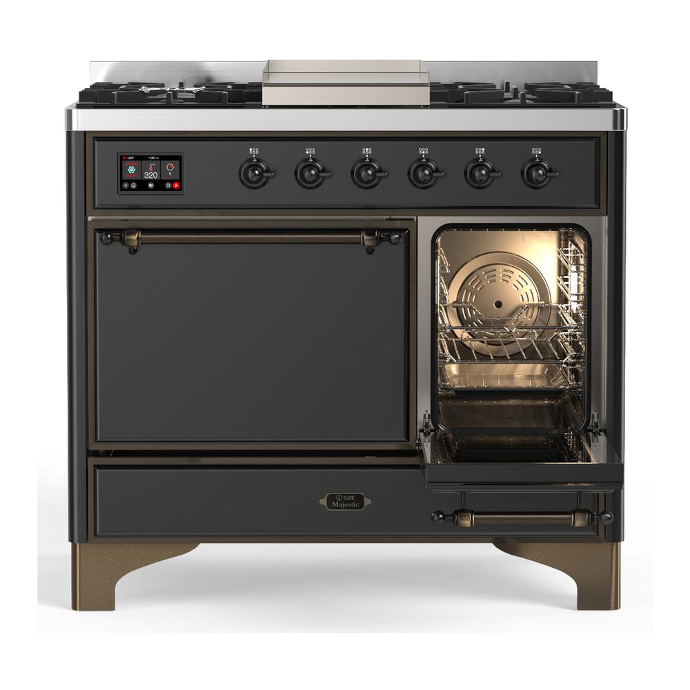 ILVE UMD40FQNR3MGBLP Majestic III 40 inch Dual Fuel Range with 6 Burners and Griddle, Dual Function Burner up to 25,000 BTU (Liquid Propane, Solid Door, Graphite Matte, Burnished)
