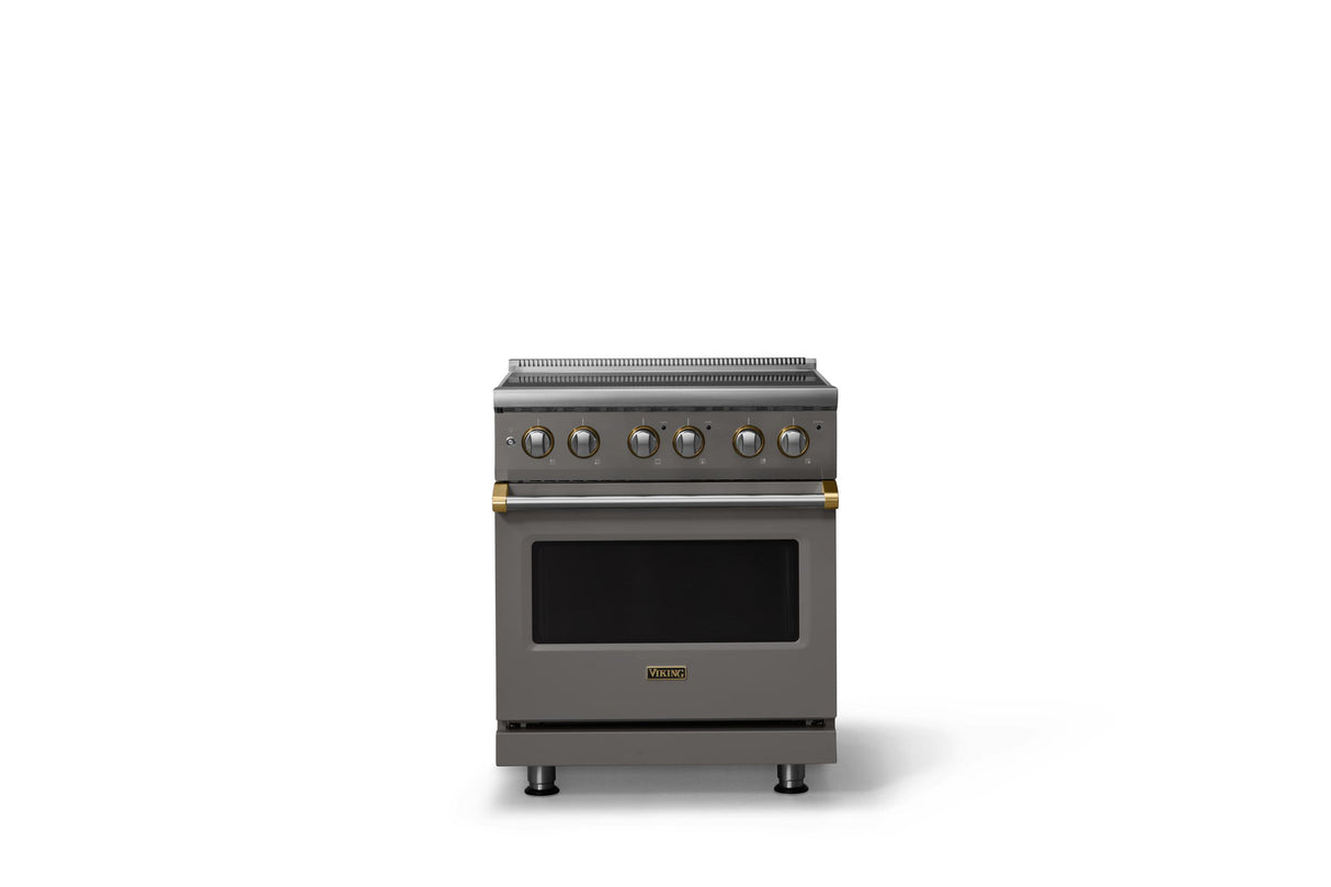 30"W. Electric Range (Finish: Damascus Gray, Trim: Brushed Brass)