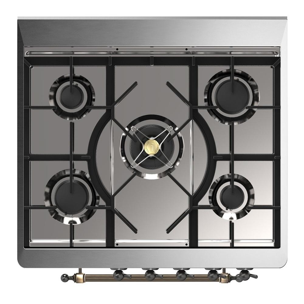 ILVE UM30QNR3MBBLP Majestic III 30 inch Dual Fuel Range with 5 Black Brass Burners, Dual Function Burner up to 25,000 BTU (Liquid Propane, Solid Door, Midnight Blue, Burnished)