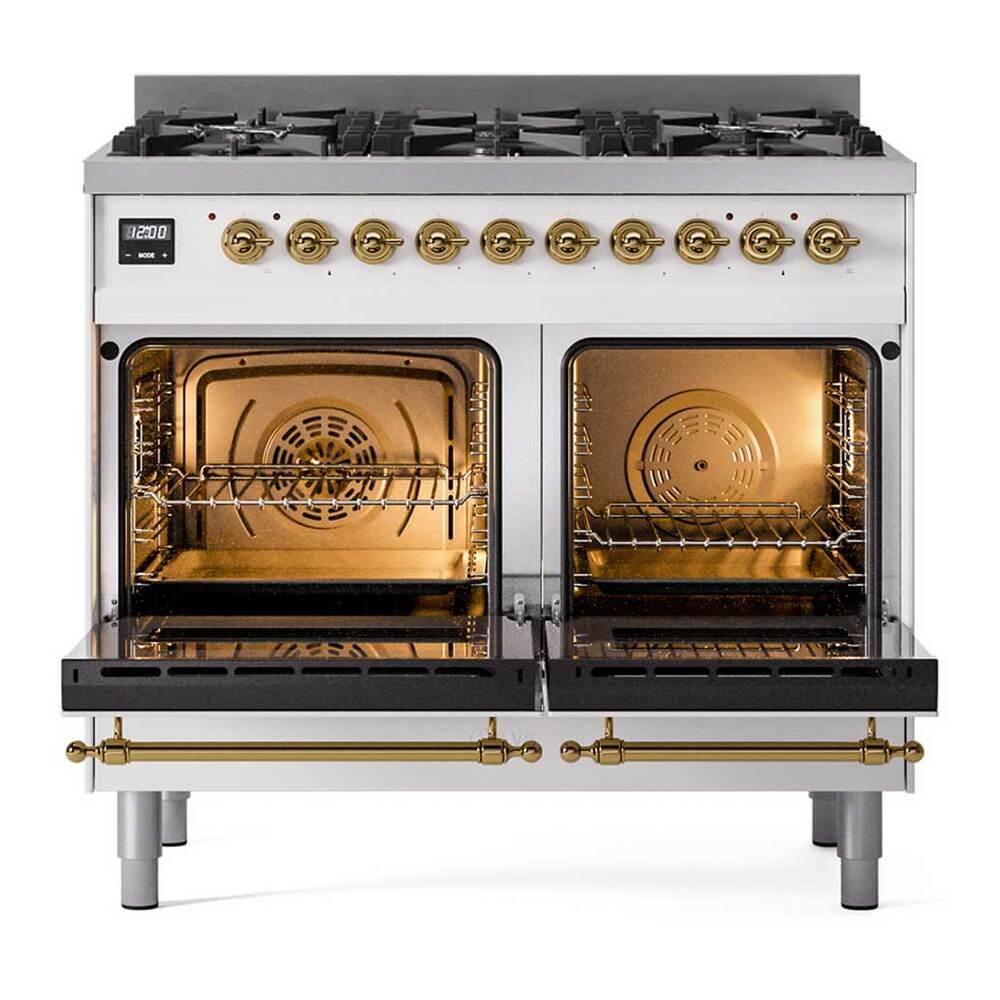 ILVE UPD406NMPWHG Nostalgie II 40 inch Dual Fuel Range with 6 Total Black Brass Burners, Brass Trim (Limited Edition) (Natural Gas, White)