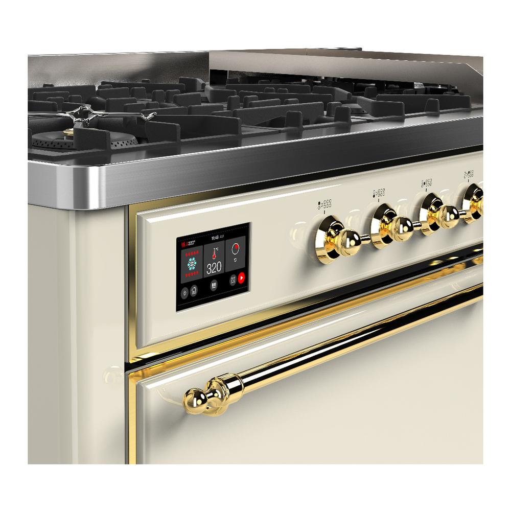 ILVE UM60FQNR3AWG Majestic III 60 inch Dual Fuel Range with 9 Burners and Griddle, Dual Function Burner up to 25,000 BTU (Natural Gas, Solid Door, Antique White, Brass)