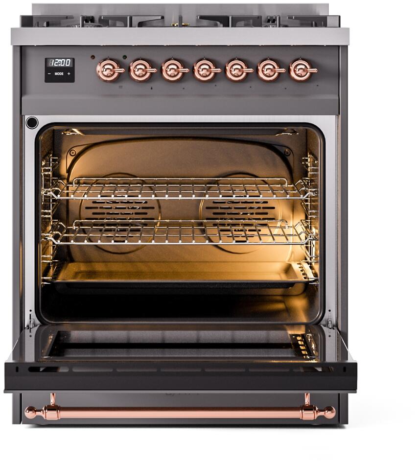 Nostalgie II 30 Inch Dual Fuel Natural Gas Freestanding Range in Matte Graphite with Copper Trim