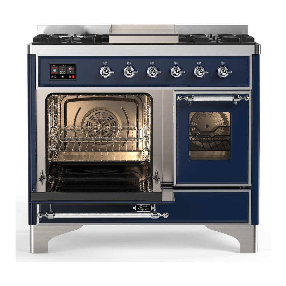 ILVE UMD40FNR3MBC Majestic III 40 inch Dual Fuel Range with 6 Burners and Griddle, Dual Function Burner up to 25,000 BTU (Natural Gas, Triple Glass Door, Midnight Blue, Chrome)
