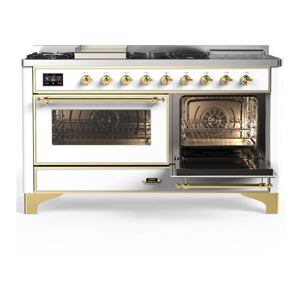 ILVE UM60FSNR3WHG Majestic III 60 inch Dual Fuel Range with 7 Burners, Griddle and French Top, Dual Function Burner with up to 25,000 BTU (Natural Gas, Triple Glass Door, White, Brass)