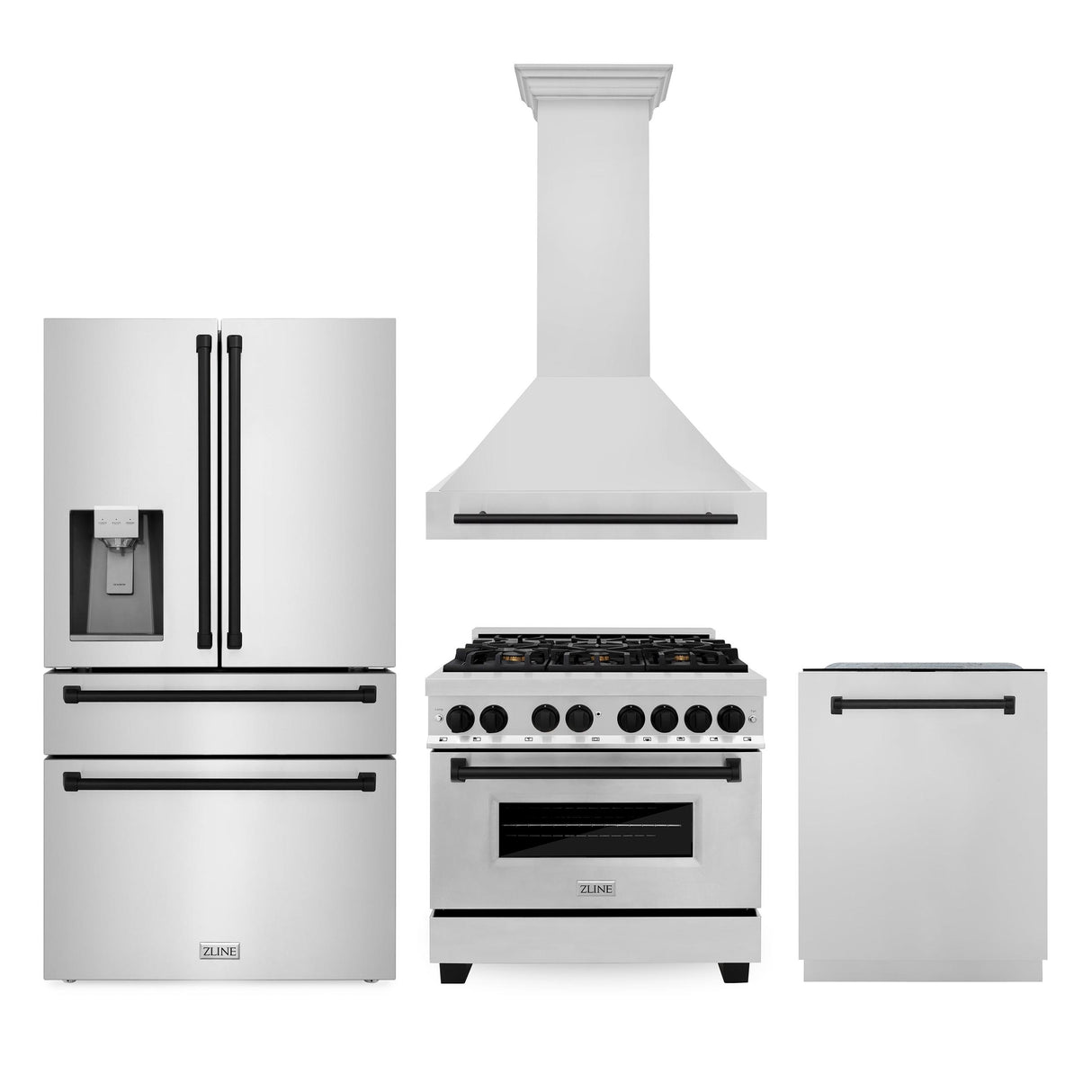 ZLINE 36" Autograph Edition Kitchen Package with Stainless Steel Dual Fuel Range, Range Hood, Dishwasher and Refrigeration with Matte Black Accents (4AKPR-RARHDWM36-MB)