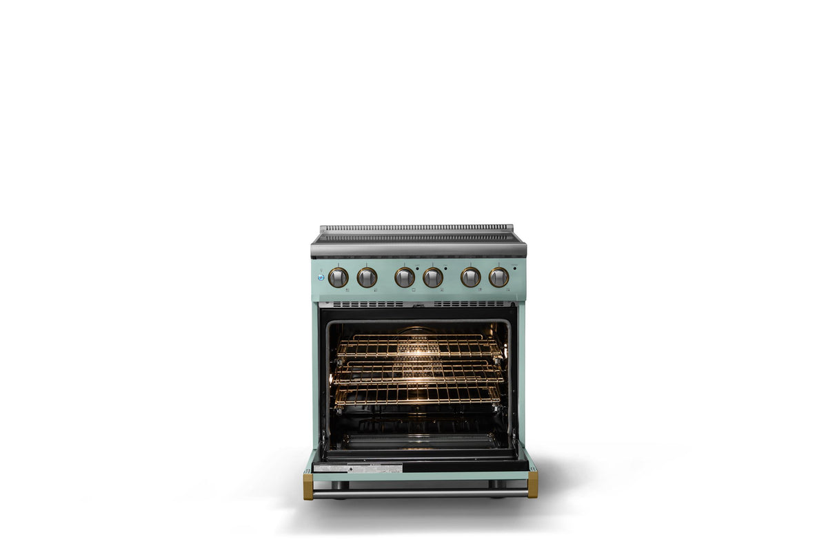 30"W. Electric Range (Finish: Splash, Trim: Brushed Brass)