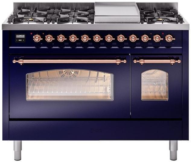 Nostalgie II 48 Inch Dual Fuel Liquid Propane Freestanding Range in Blue with Copper Trim