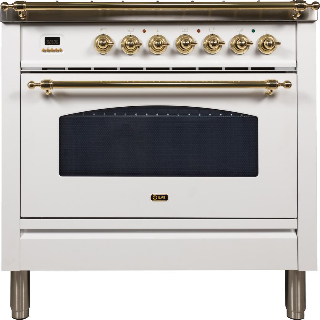 Nostalgie 36 Inch Gas Natural Gas Freestanding Range in White with Brass Trim
