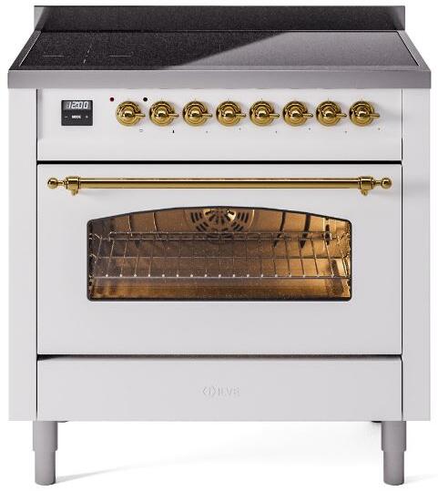 Nostalgie II 36 Inch Electric Freestanding Range in White with Brass Trim