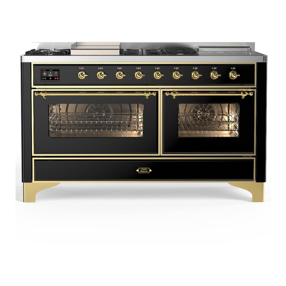 ILVE UM60FSNR3BKGLP Majestic III 60 inch Dual Fuel Range with 7 Burners, Griddle and French Top, Dual Function Burner with up to 25,000 BTU (Liquid Propane, Triple Glass Door, Glossy Black, Brass)