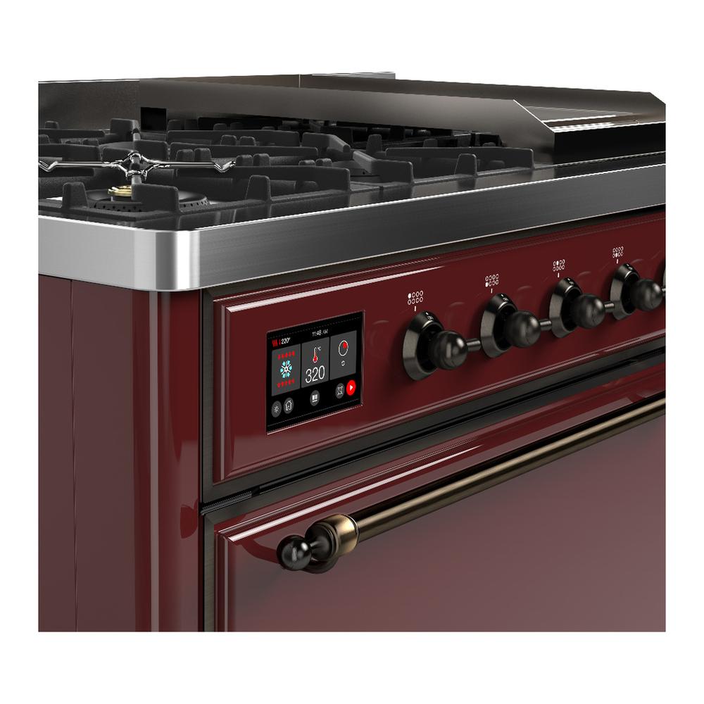 ILVE UM48FQNR3BUBLP Majestic III 48 inch Dual Fuel Range with 8 Burners and Griddle, Dual Function Burner up to 25,000 BTU (Liquid Propane, Solid Door, Burgundy, Burnished)