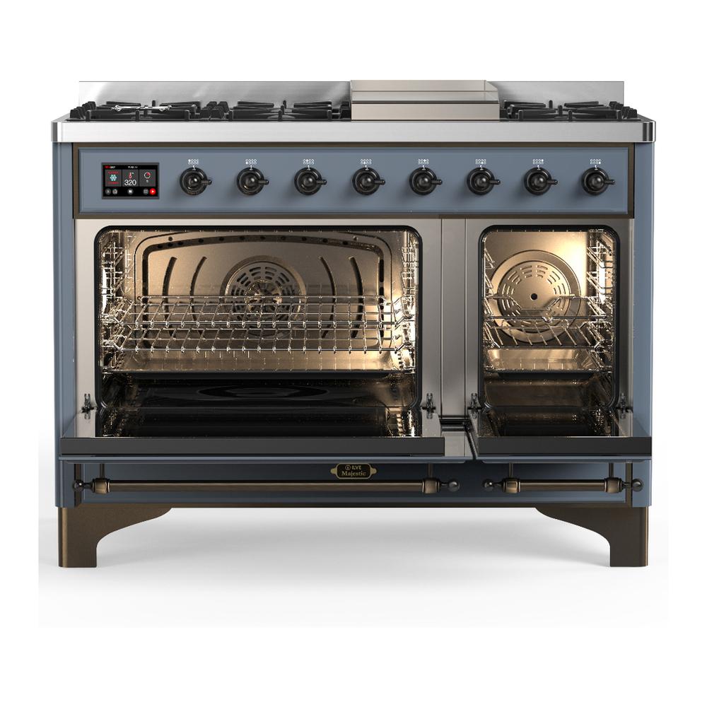 ILVE UM48FNR3BGB Majestic III 48 inch Dual Fuel Range with 8 Burners and Griddle, Dual Function Burner up to 25,000 BTU (Natural Gas, Triple Glass Door, Blue Grey, Burnished)