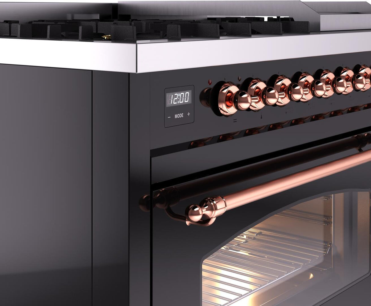 Nostalgie II 48 Inch Dual Fuel Liquid Propane Freestanding Range in Glossy Black with Copper Trim