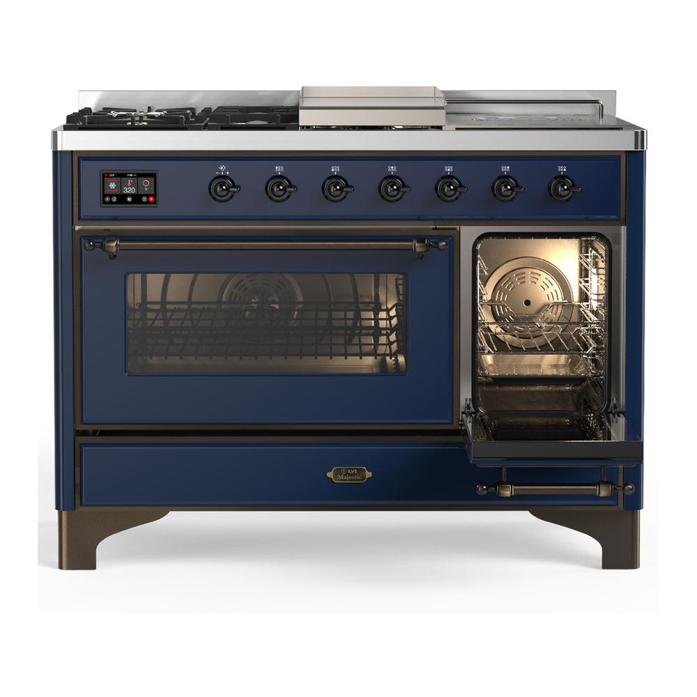 ILVE UM48FSNR3MBB Majestic III 48 inch Dual Fuel Range with 5 Black Brass Burners, Griddle and French Top, Dual Function Burner up to 25,000 BTU (Natural Gas, Triple Glass Door, Midnight Blue, Burnished)