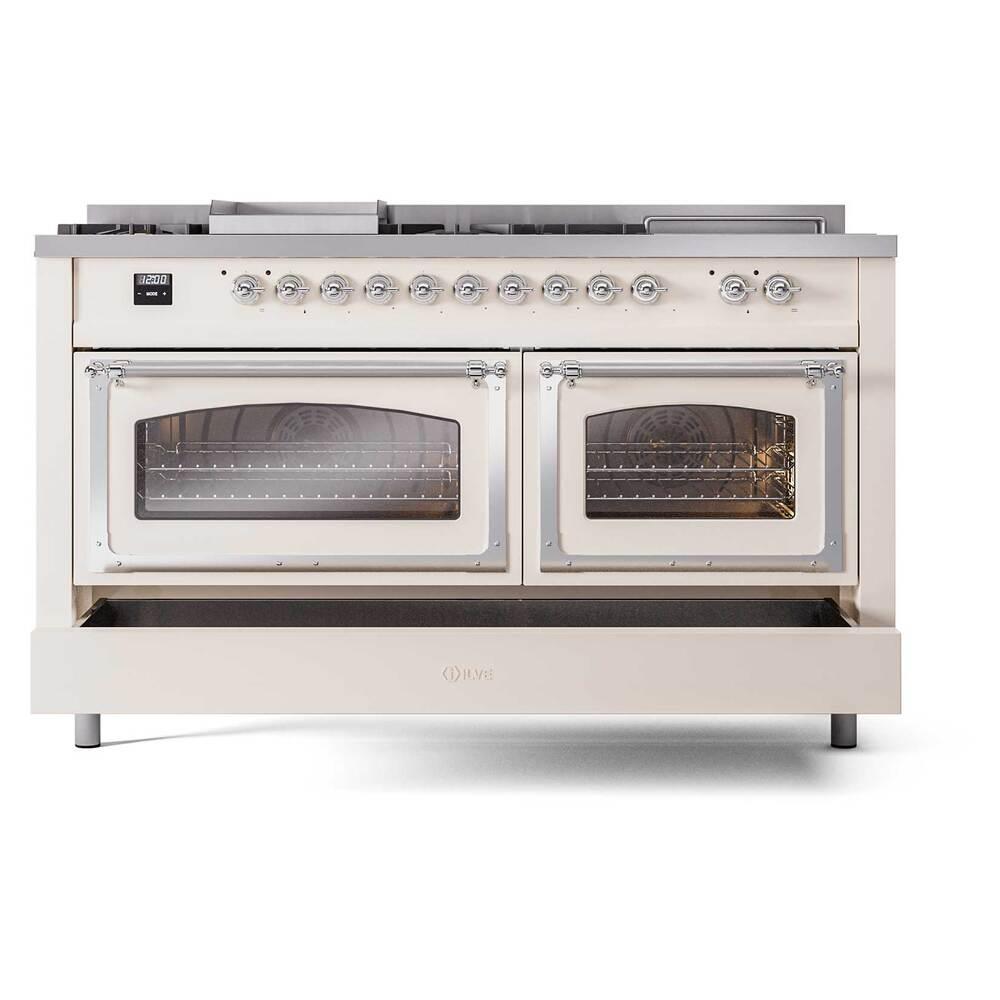ILVE UN60FSNMPAWCLP Nostalgie II Noblesse 60 inch Dual Fuel Range (7 Sealed Burners + Griddle + French Top, Liquid Propane, Triple Glass Door, Antique White, Chrome)