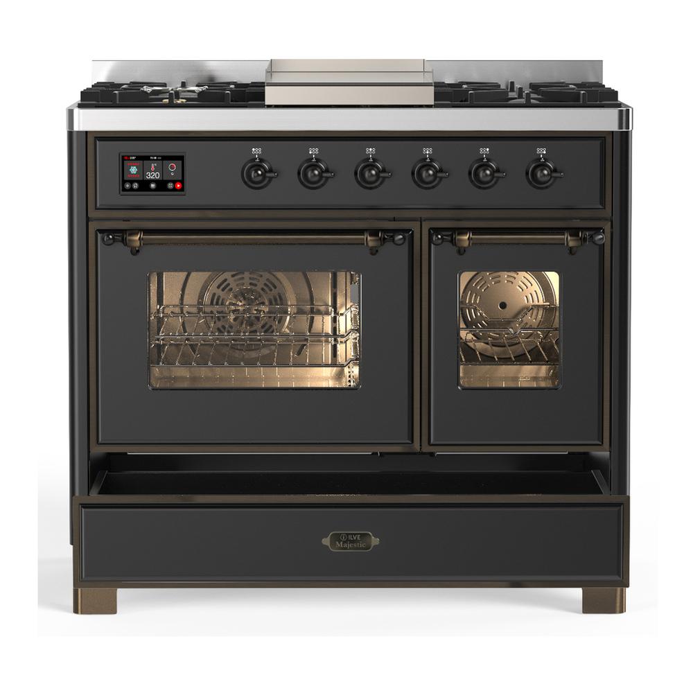 ILVE UMD40FNR3MGB Majestic III 40 inch Dual Fuel Range with 6 Burners and Griddle, Dual Function Burner up to 25,000 BTU (Natural Gas, Triple Glass Door, Graphite Matte, Burnished)