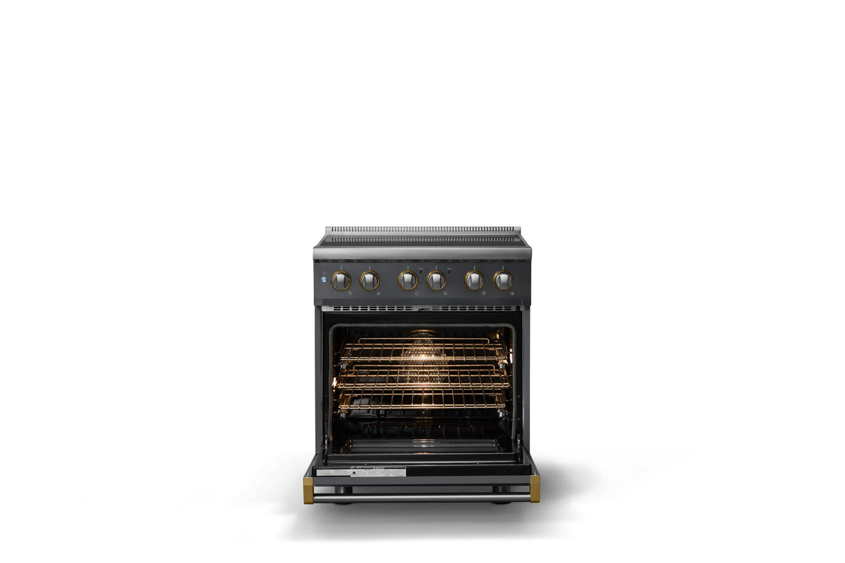 30"W. Induction Range (Finish: Cast Black, Trim: Brushed Brass)