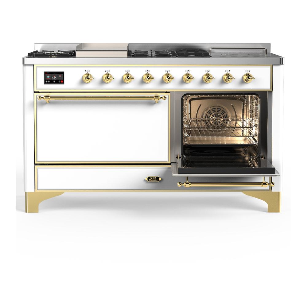ILVE UM60FSQNR3WHG Majestic III 60 inch Dual Fuel Range with 7 Burners, Griddle and French Top, Dual Function Burner with up to 25,000 BTU (Natural Gas, Solid Door, White, Brass)