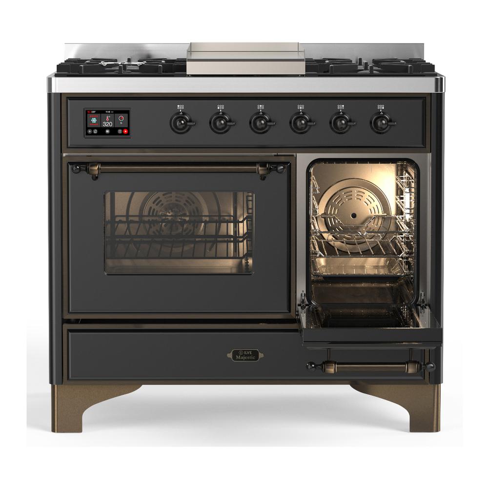 ILVE UMD40FNR3MGB Majestic III 40 inch Dual Fuel Range with 6 Burners and Griddle, Dual Function Burner up to 25,000 BTU (Natural Gas, Triple Glass Door, Graphite Matte, Burnished)