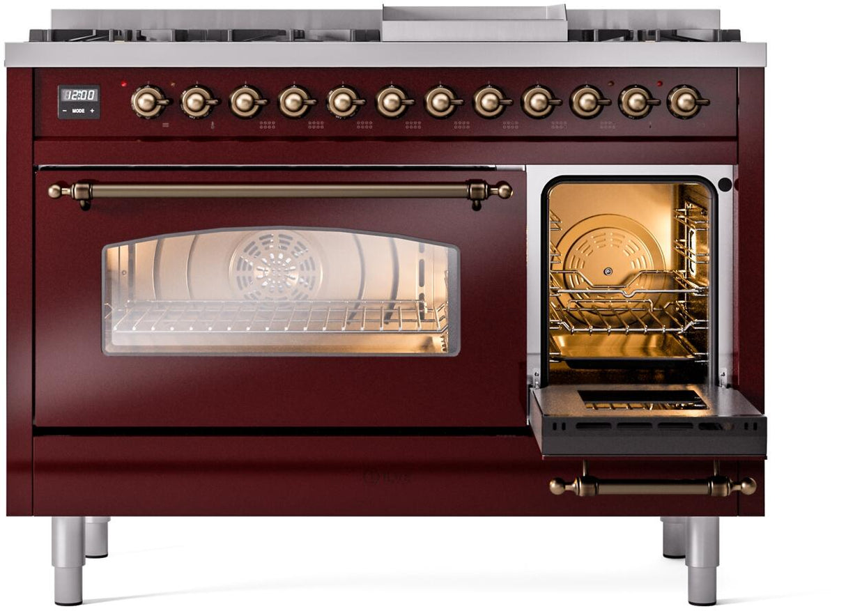 Nostalgie II 48 Inch Dual Fuel Natural Gas Freestanding Range in Burgundy with Bronze Trim