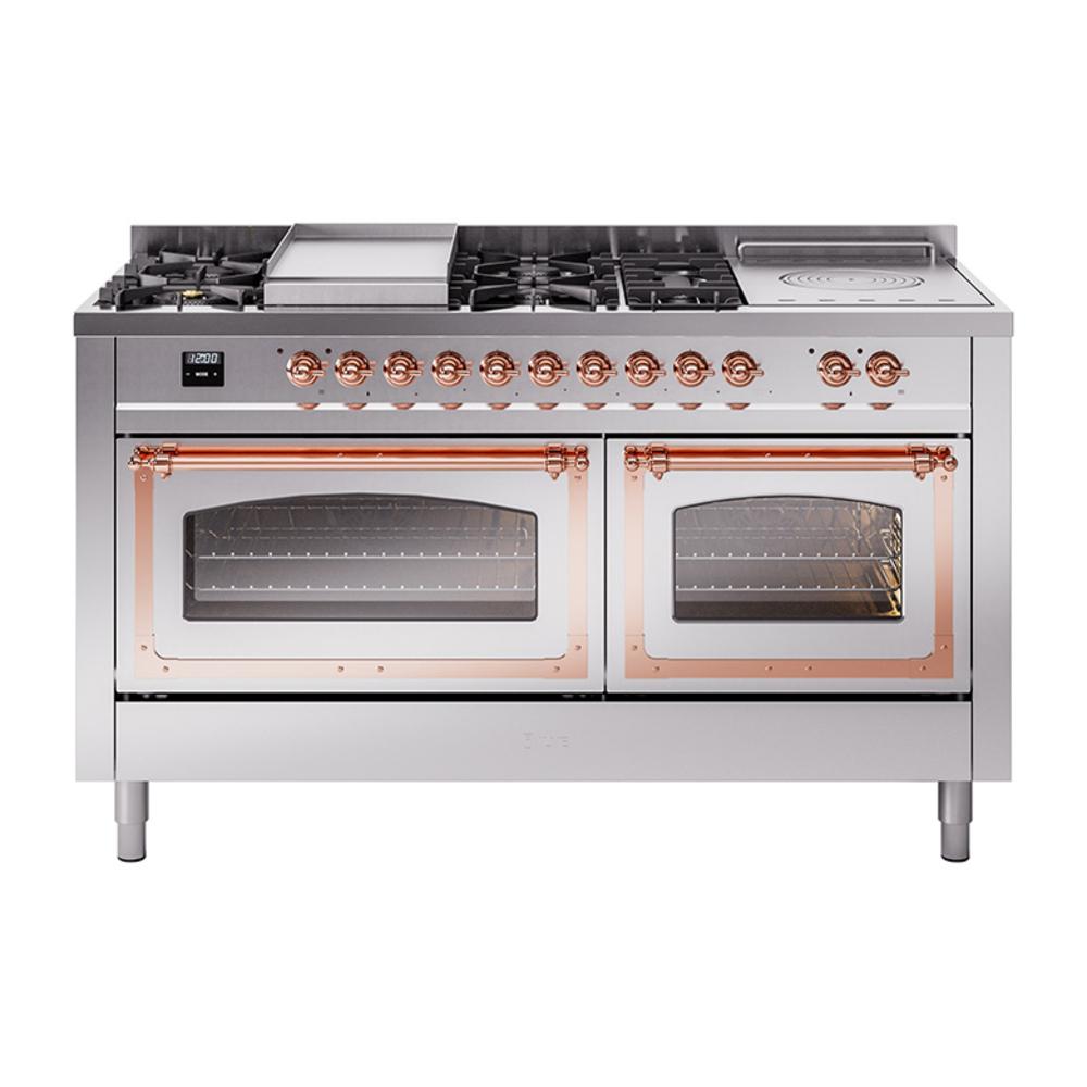 ILVE UN60FSNMPSSP Nostalgie II Noblesse 60 inch Dual Fuel Range (7 Sealed Burners + Griddle + French Top, Natural Gas, Triple Glass Door, Stainless Steel, Copper)