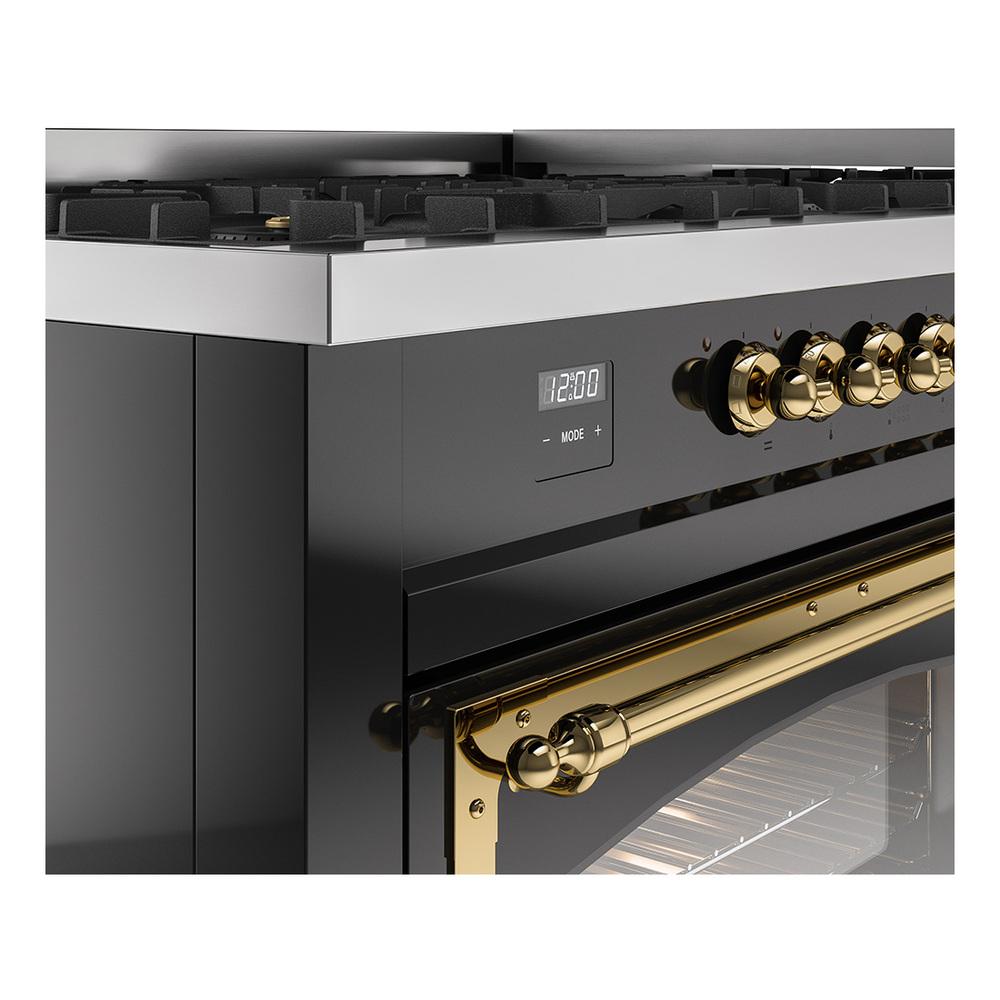ILVE UN60FNMPBKG Nostalgie II Noblesse 60 inch Dual Fuel Range (9 Sealed Burners + Griddle, Natural Gas, Triple Glass Door, Glossy Black, Brass)