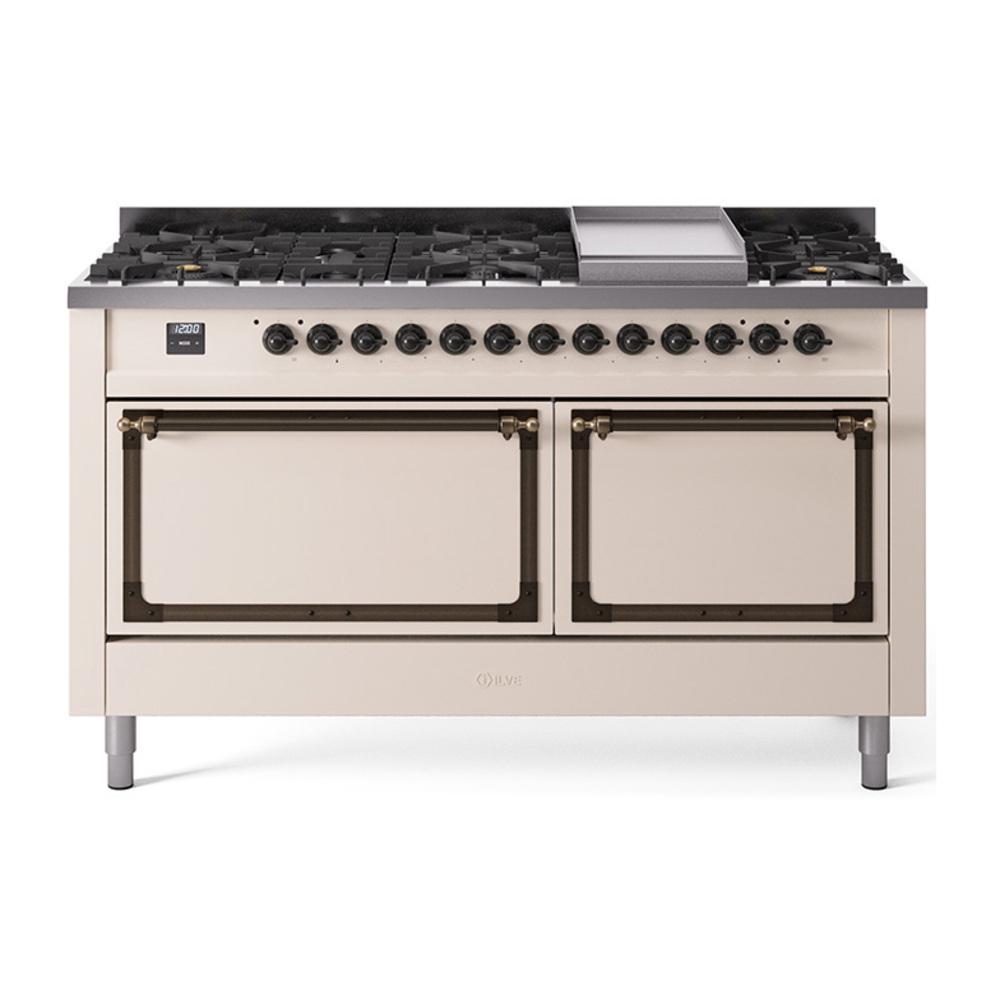 ILVE UN60FQNMPAWBLP Nostalgie II Noblesse 60 inch Dual Fuel Range (9 Sealed Burners + Griddle, Liquid Propane, Solid Door, Antique White, Burnished)