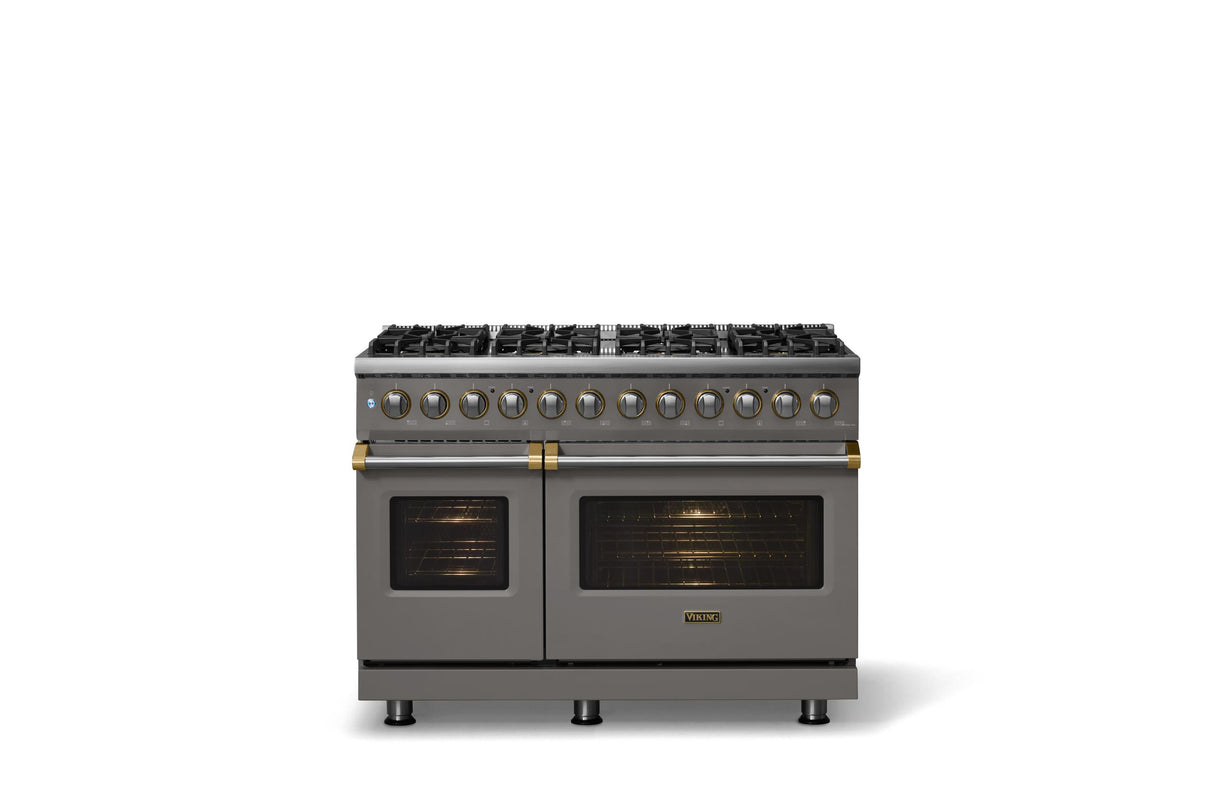 48"W. Dual Fuel Range (Burner: 8b, Finish: Damascus Gray, Trim: Brushed Brass, Fuel: Propane)