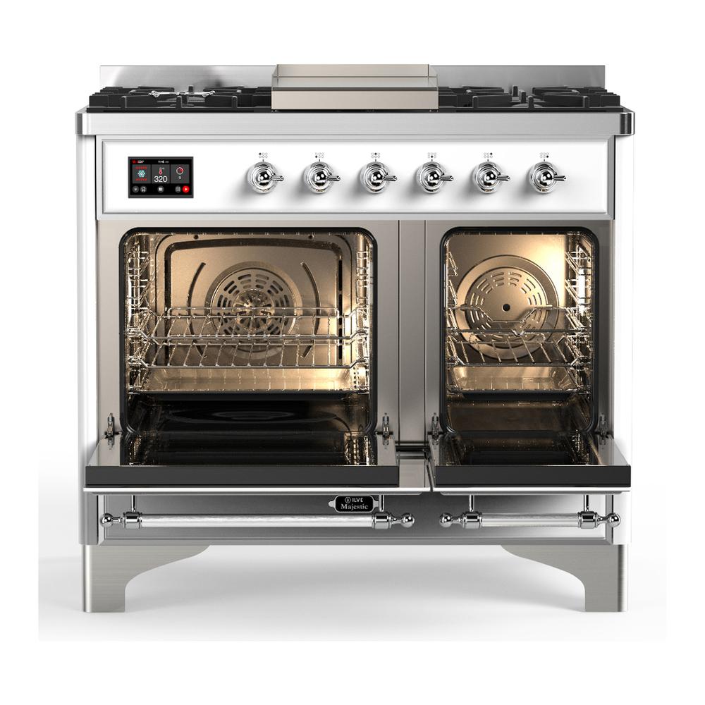 ILVE UMD40FNR3WHCLP Majestic III 40 inch Dual Fuel Range with 6 Burners and Griddle, Dual Function Burner up to 25,000 BTU (Liquid Propane, Triple Glass Door, White, Chrome)