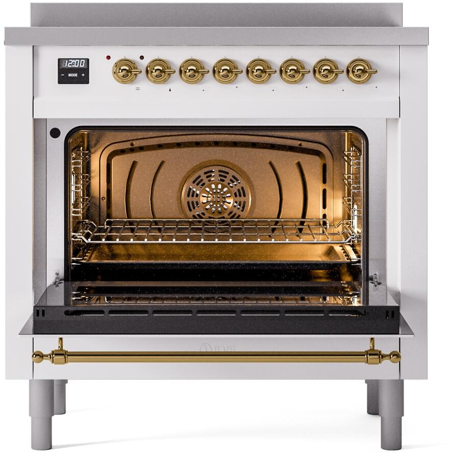 Nostalgie II 36 Inch Electric Freestanding Range in White with Brass Trim