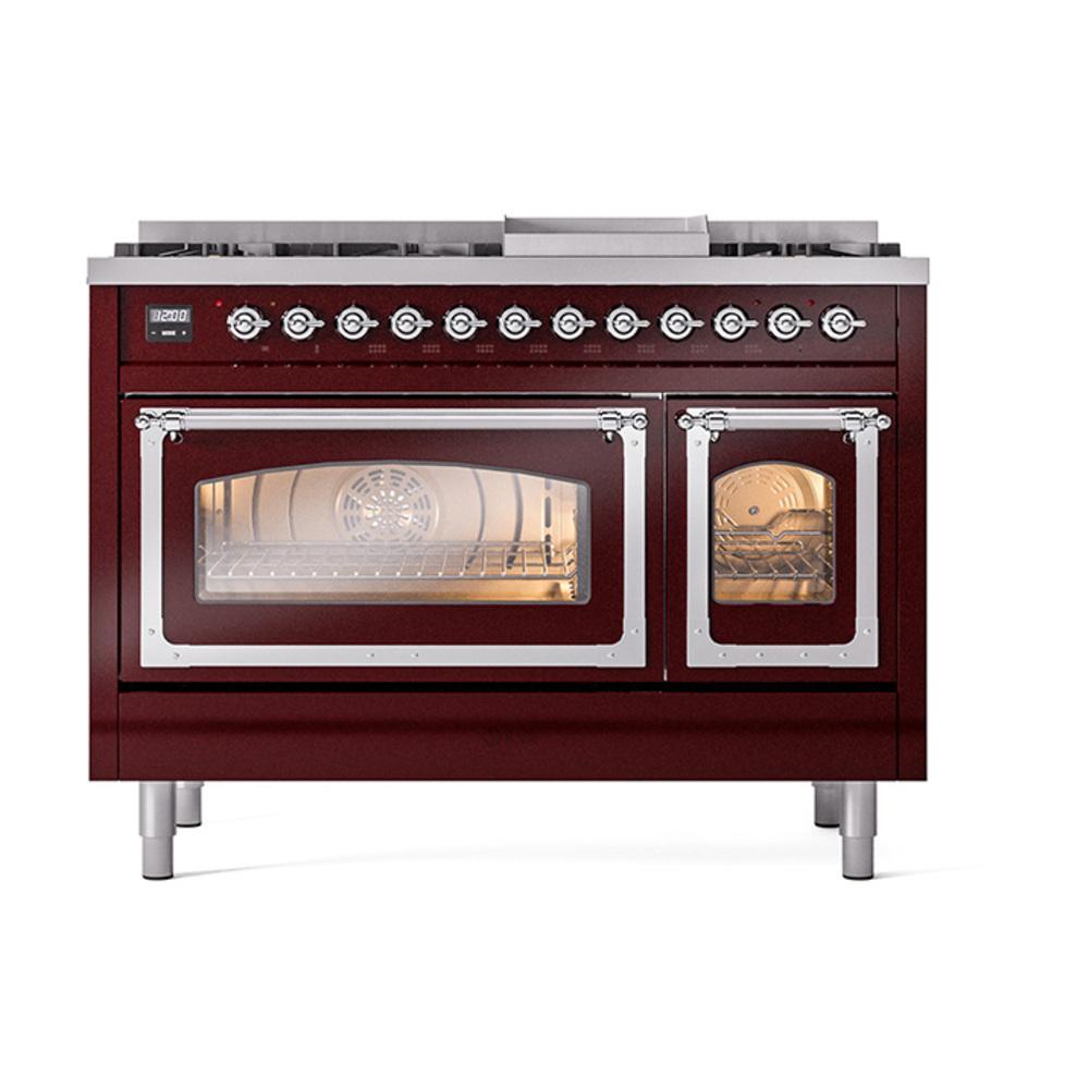 ILVE UN48FNMPBUCLP Nostalgie II Noblesse 48 inch Dual Fuel Range (8 Sealed Burners + Griddle, Liquid Propane, Triple Glass Door, Burgundy, Chrome)