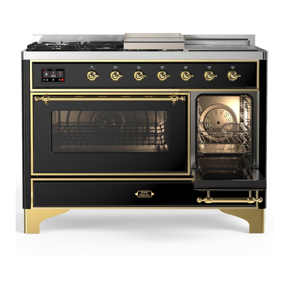 ILVE UM48FSNR3BKG Majestic III 48 inch Dual Fuel Range with 5 Black Brass Burners, Griddle and French Top, Dual Function Burner up to 25,000 BTU (Natural Gas, Triple Glass Door, Glossy Black, Brass)