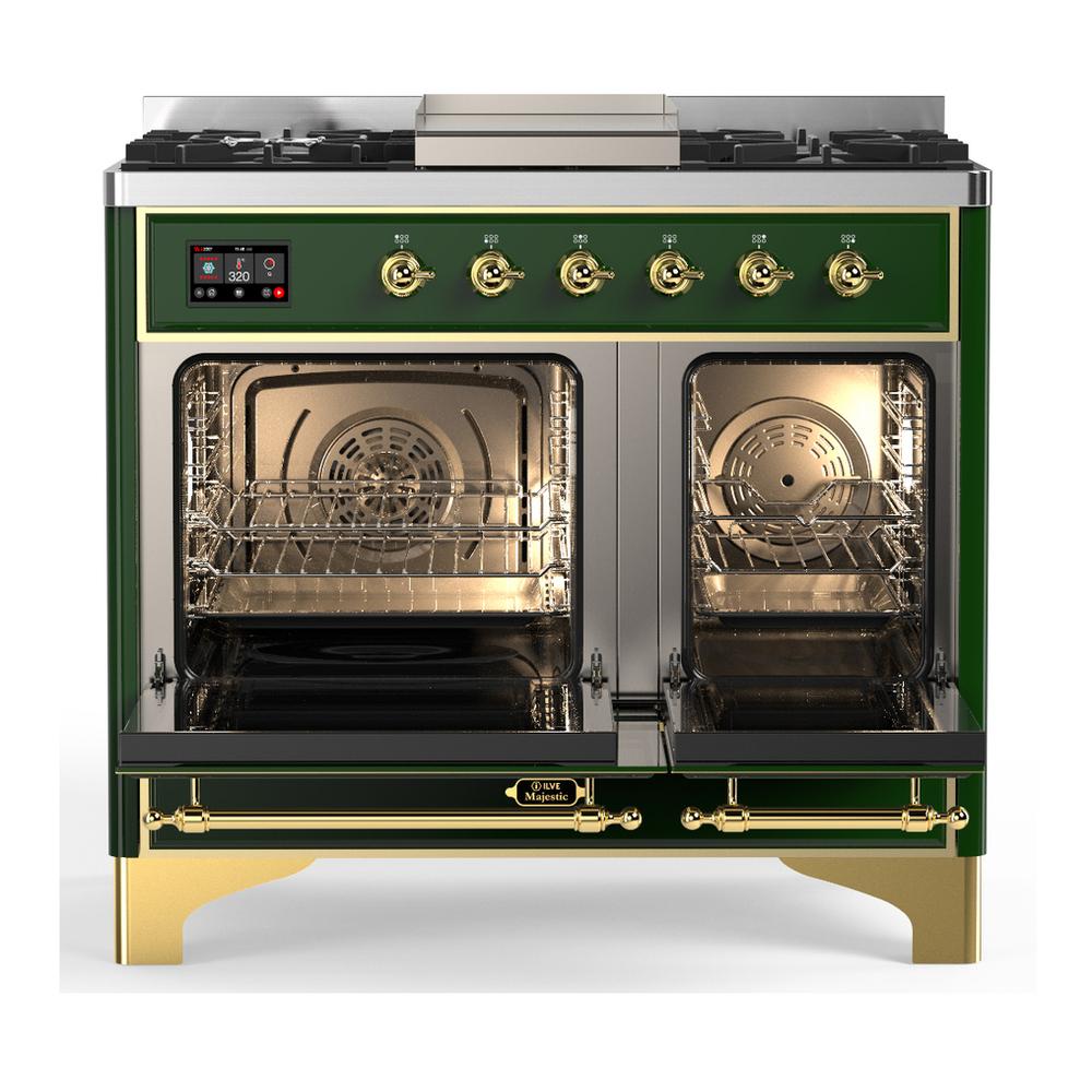 ILVE UMD40FNR3EGGLP Majestic III 40 inch Dual Fuel Range with 6 Burners and Griddle, Dual Function Burner up to 25,000 BTU (Liquid Propane, Triple Glass Door, Emerald Green, Brass)
