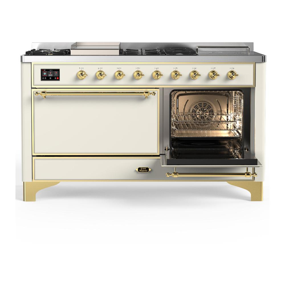 ILVE UM60FSQNR3AWG Majestic III 60 inch Dual Fuel Range with 7 Burners, Griddle and French Top, Dual Function Burner with up to 25,000 BTU (Natural Gas, Solid Door, Antique White, Brass)