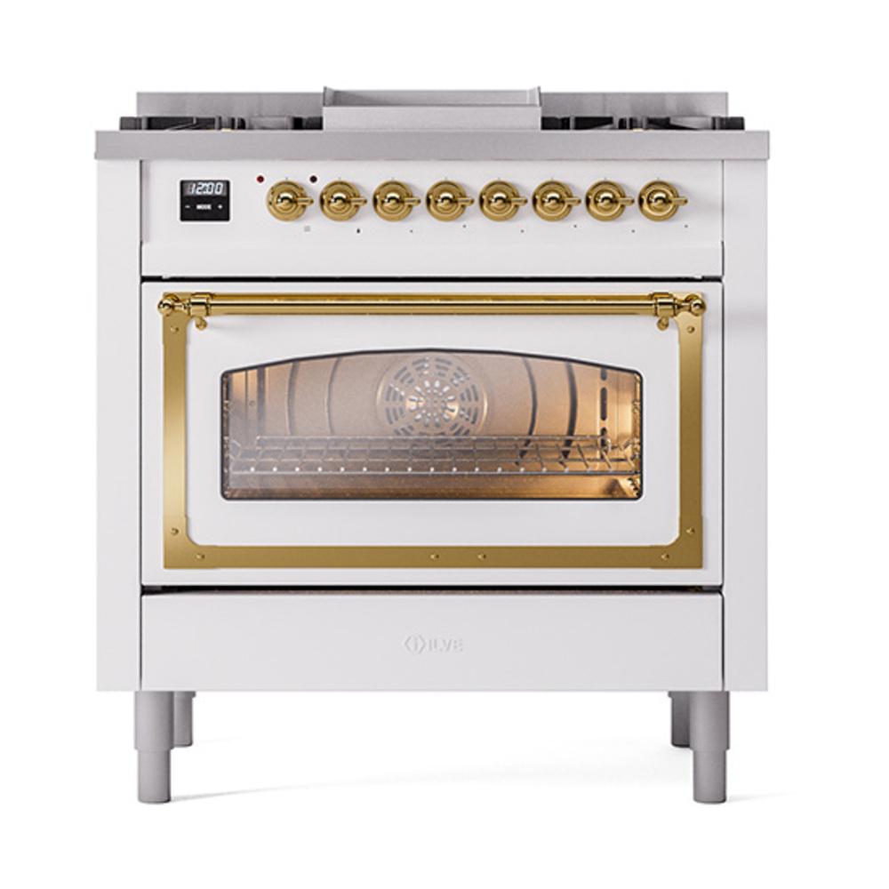 ILVE UN36FNMPWHGLP Nostalgie II Noblesse 36 inch Dual Fuel Range (Liquid Propane, Triple Glass Door, White, Brass)