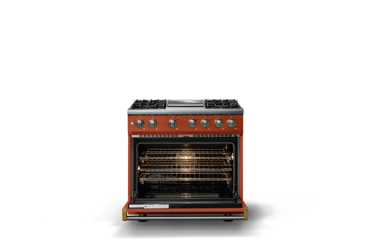 36"W. Dual Fuel Range (Burner: 4g, Finish: Spiced Cider, Trim: Polished Chrome, Fuel: Propane)