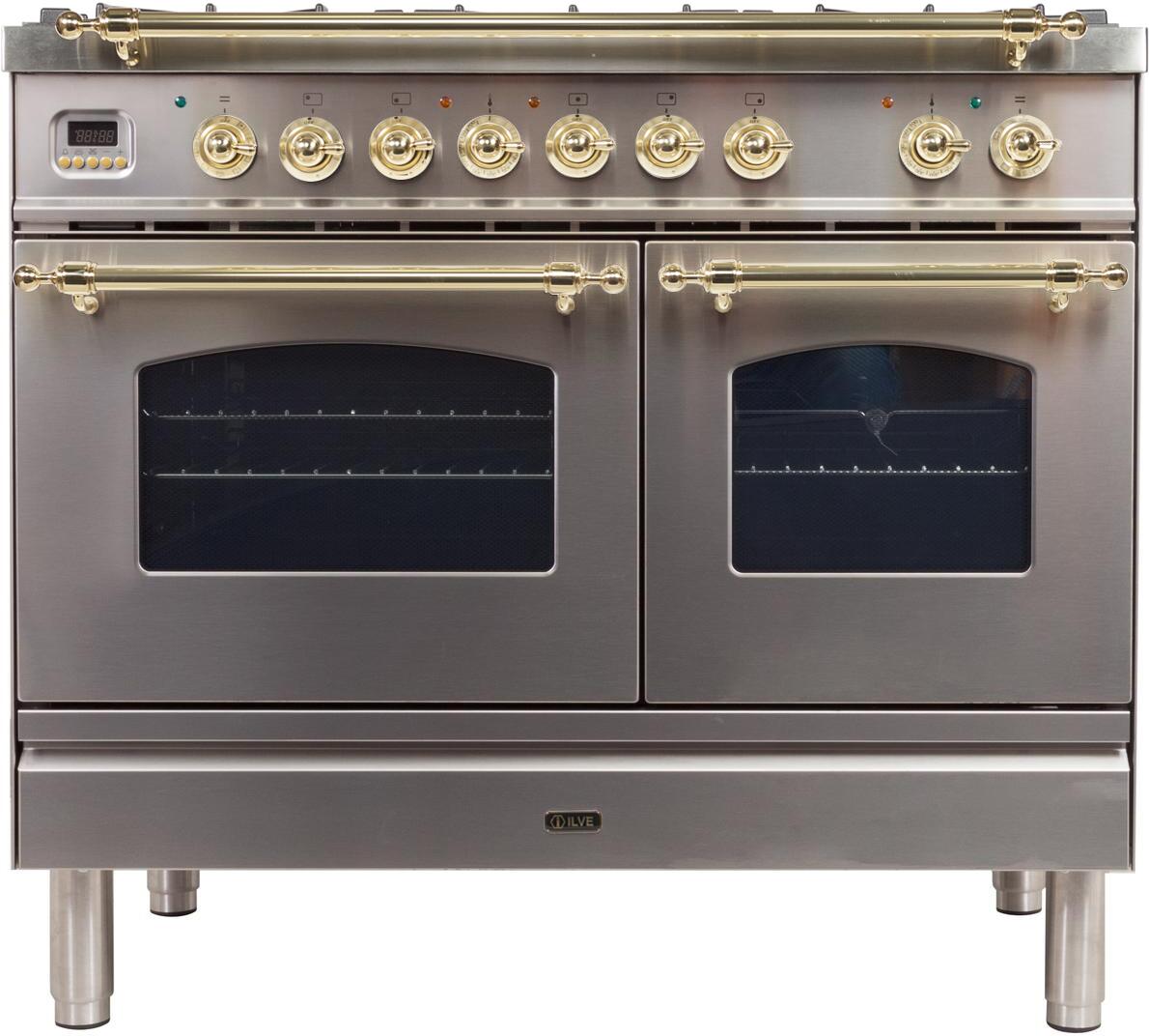 Nostalgie 40 Inch Dual Fuel Liquid Propane Freestanding Range in Stainless Steel with Brass Trim
