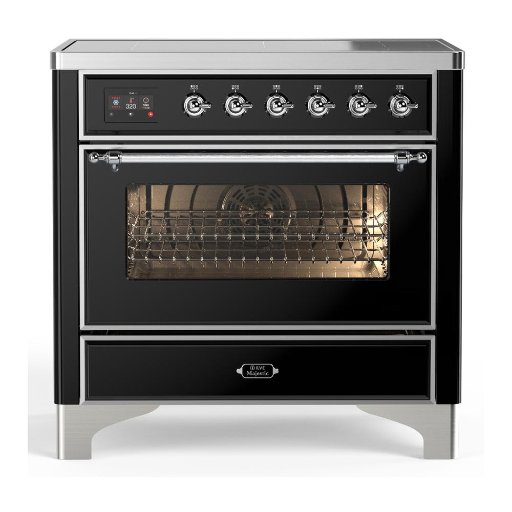 ILVE UMIB36NR3BKC Majestic III 36 inch Induction Range with 6 Elements, 3.5 cu. ft. Total Oven Capacity (Triple Glass Door, Glossy Black, Chrome)