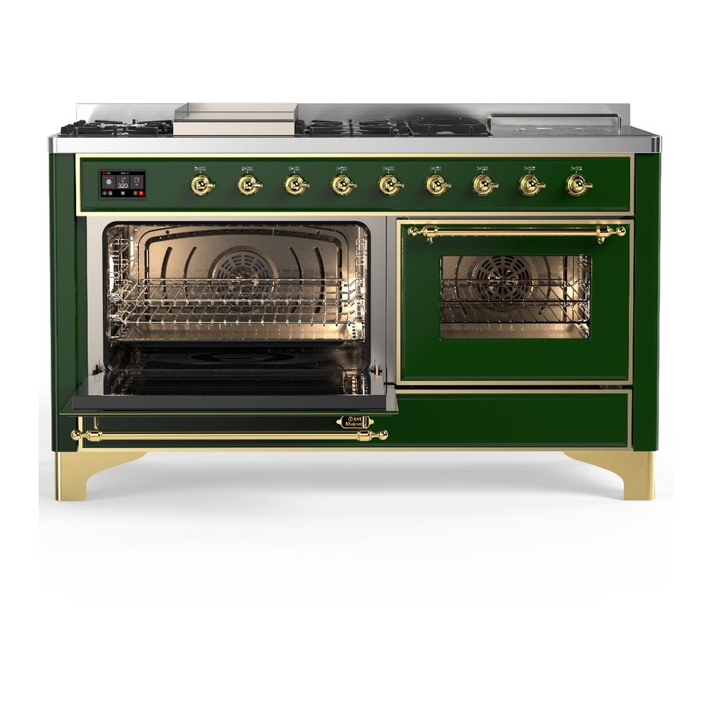 ILVE UM60FSNR3EGGLP Majestic III 60 inch Dual Fuel Range with 7 Burners, Griddle and French Top, Dual Function Burner with up to 25,000 BTU (Liquid Propane, Triple Glass Door, Emerald Green, Brass)