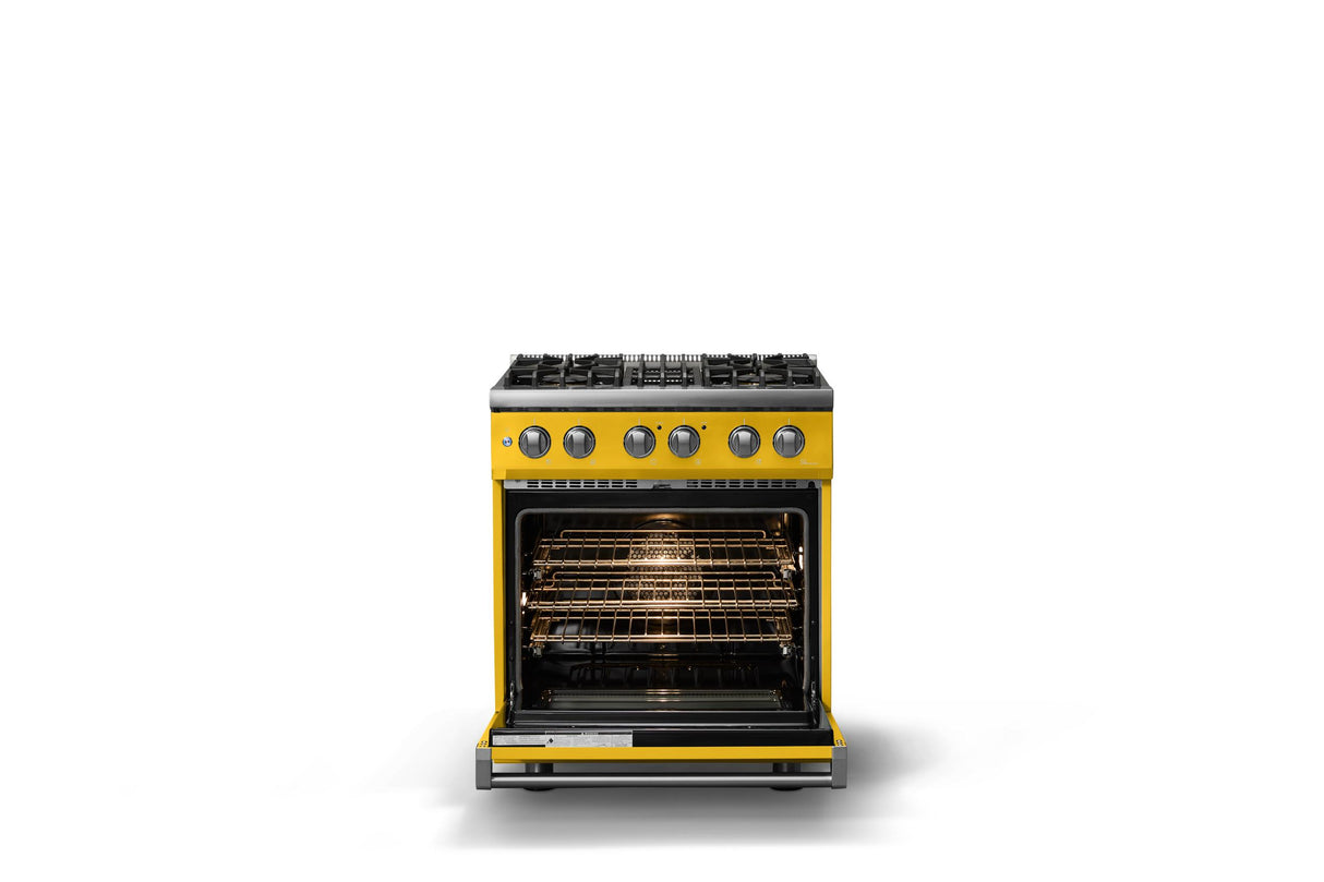 30"W. Dual Fuel Range (Finish: Daffodil, Trim: Polished Chrome, Fuel: Natural Gas)