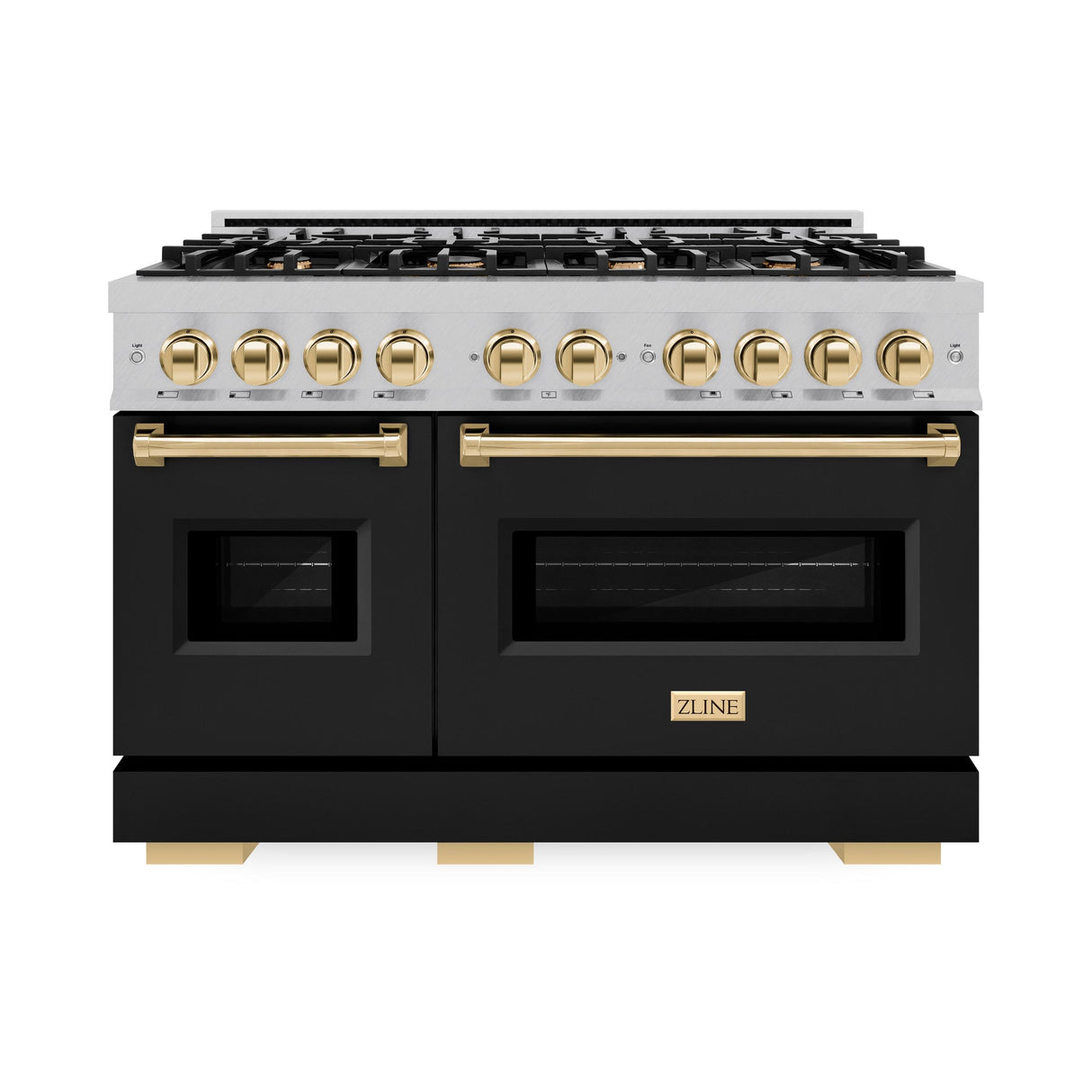 ZLINE Autograph Edition 48 in. 6.7 cu. ft. Classic Double Oven Dual Fuel Range with 8 Burner Gas Cooktop in DuraSnow' Stainless Steel with Black Matte Doors and Polished Gold Accents (CDRSZ-BLM-48-G)